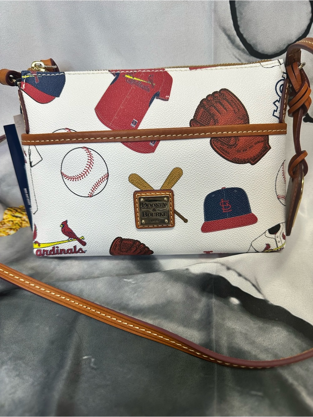 Dooney & Bourke White Cardinals Baseball Print Crossbody with Brown Trim